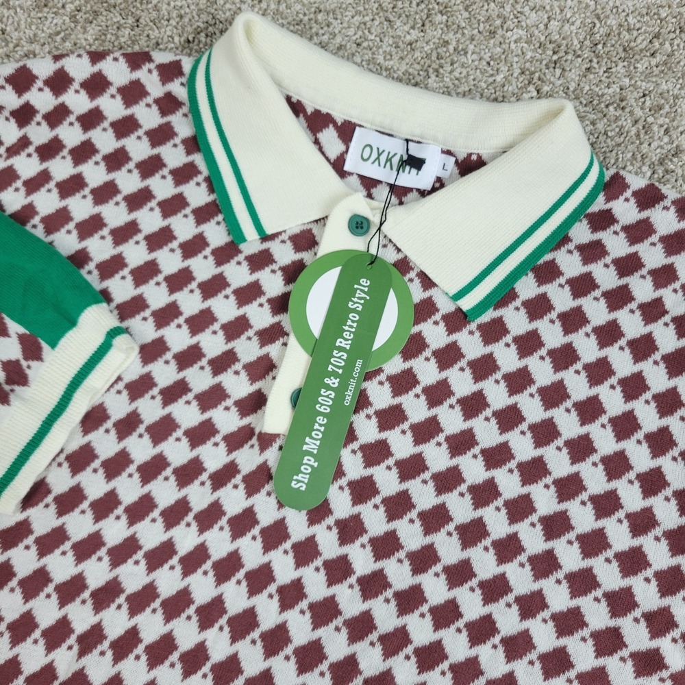 NWT Oxknit Mens Large Multicolor AOP Geometric Stretch Knit Polo Short Sleeve